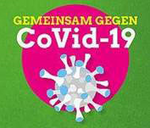 Symbolbild: Gemeinsam gegen Covid-19. Schriftzug über grünem Hintergrund, darunter eine stilisierte Darstellung eines Virus.