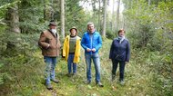 Das Bild zeigt den Waldexperten Hans Urban, Grünen-Bezirksrätin Mia Goller sowie die Landtagsabgeordneten Hans Urban und Rosi Steinberger im Wald.