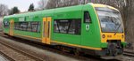 Das Foto zeigt einen Zug der Waldbahn, einen kurzen Zug bestehend aus zwei Waggons. Der Zug ist grün lackierg mit gelben Akzepten run um Türen, Front und Boden.